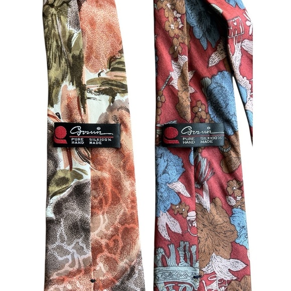 Lot 2X Girun Hand Made Pure 100% Silk Ties Floral Lush Red Blue Brown - Picture 4 of 6